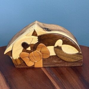 Carver Dan Sleeping Cat Puzzle Box Hand Carved Hardwood Trinket Box Recycled 6"